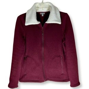 Talbots Jacket Womens Small Petite Burgundy Preppy Knit‎ Zip Up Pockets Fleece
